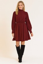 Long Sleeve High Neck Dress Fit And Flair Mini Dress Elegant Retro Burgundy XXS