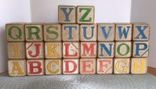 Vtg 41 Children  s Wood Alphabet Building Blocks Letters, Farmhouse Decor, Craft