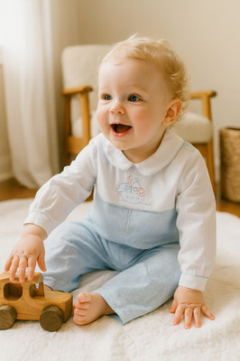 NWT Petit Ami Blue Noah's Ark Longall Romper Baby Boys 9M 9 Months Gingham