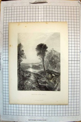 Original alter antiker Druck Mercury Argus River Castle Gravur Willmore Turner