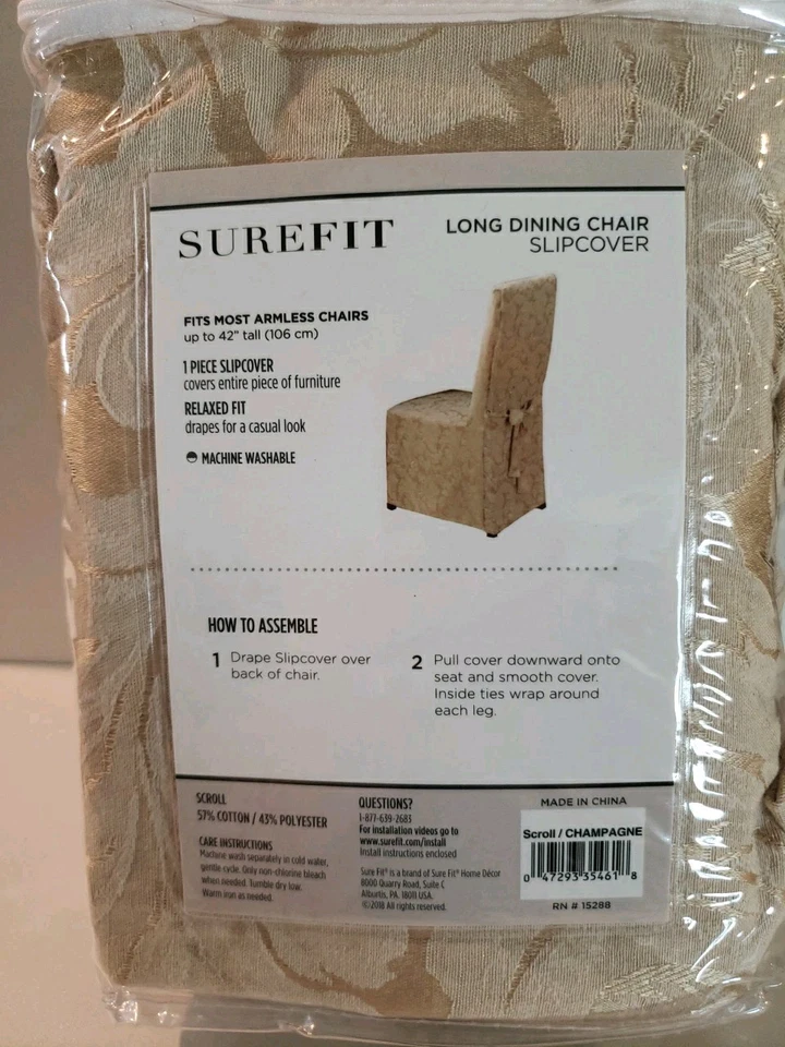 6 SureFit Scroll Long Dining Chair Slipcover Champagne Full Length Fits Up 42" - Image 3 of 4