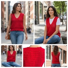 Women's Vintage 1970's Red Hand Crochet Sweater Sleeveless Vest Medium Granny