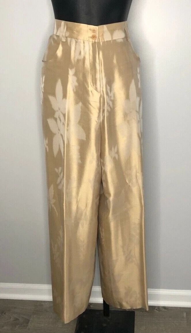 Giorgio Armani — Giorgio Armani Gold Contrasting Leaf Print Trousers Lined Size 46 100% Silk