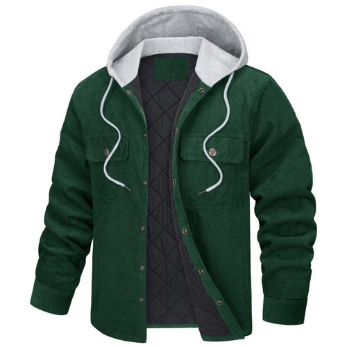 Men's Corduroy Cotton Coat Hooded Warm Padded Jacket Top Button Up Casual Jacket - Picture 13 of 17