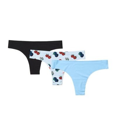 AQS Seamless Thong Panties 3 Pack Womens Large Black Blue Fruit Print Underwear