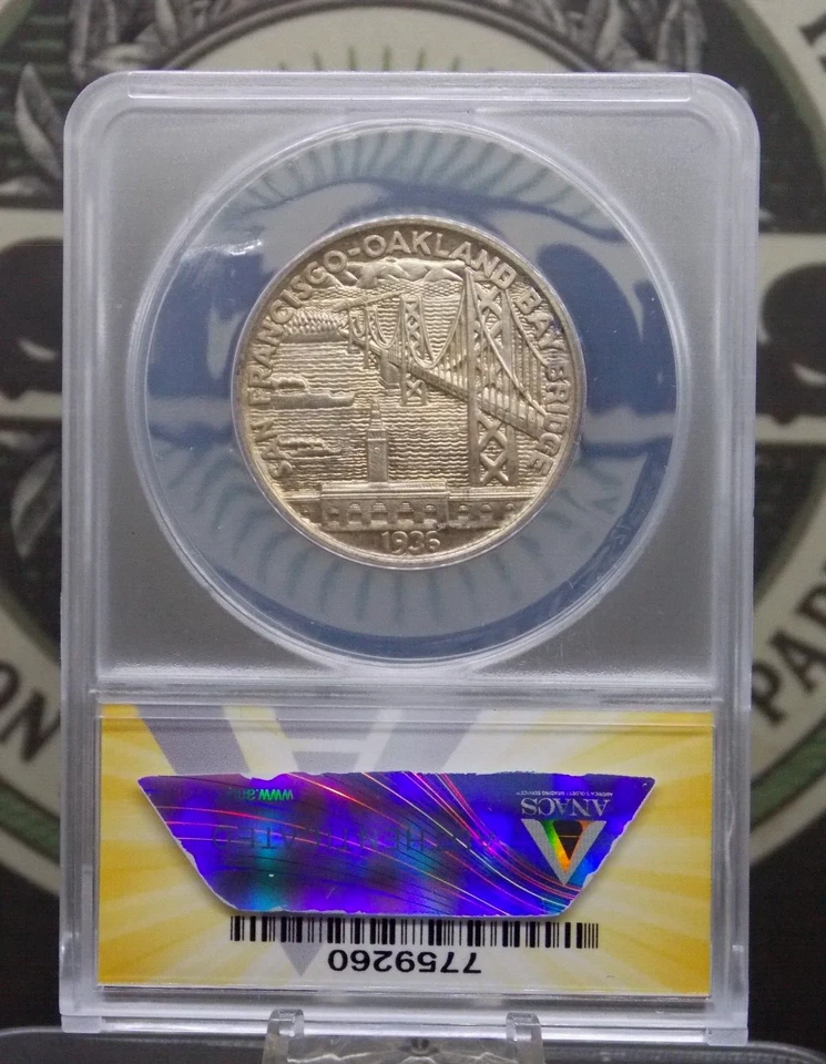 1936 "S" Commemorative *BAY BRIDGE* Half Dollar 50c ANACS MS60 Details #260 Unc - Image 4 of 4