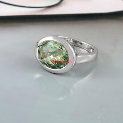 Natural Green Amethyst With 18k White Gold Plated Silver Women's Ring #836