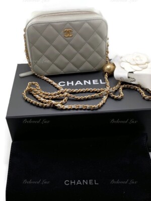 Authentic CHANEL Grey Lambskin Pearl Crush Mini Vanity Camera Bag