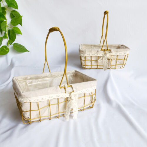 1X Retro Portable Basket Metal Wire Woven Fabric Lining Storage Flower Pot Decor - Picture 1 of 18