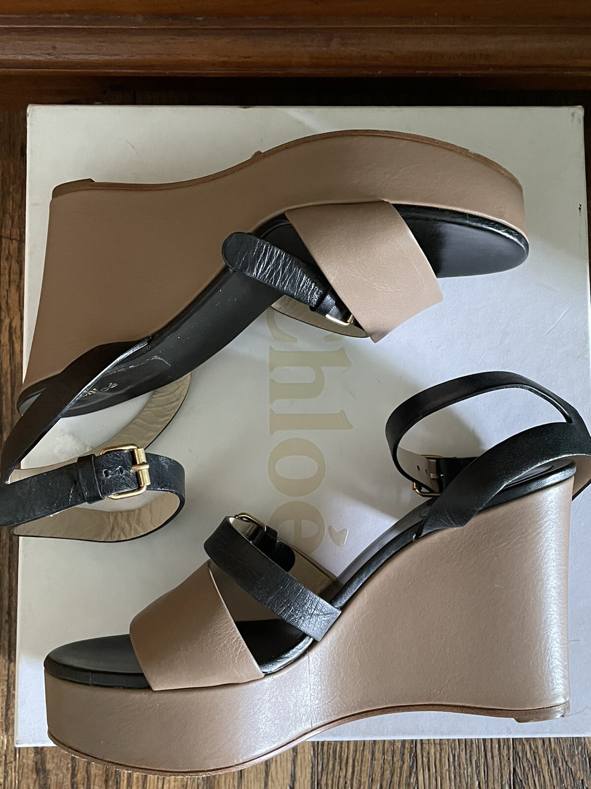 Chloe Two-Tone Beige Black Leather High Heel Platform Wedge Sandals Size 39  1/2 | eBay