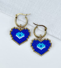 Miyuki Magic: 18K Gold-Plated Heart Evil Eye Hoop Earrings   