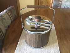 Vintage ATAPCO Faux Wood Grain Chrome Ice Bucket with Tongs