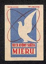 Vintage Matchbox Label Nech Atomy Sluzia Mieru Let Atoms Serve Peace 1950's-60's