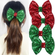 Sequins Bow Hair Clip, 4 Pcs Red and Green Sequin Bows, Glitter Ribbon Barret...