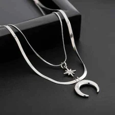 Titanium Steel Necklace Celestial Crescent Moon & Star Pendant