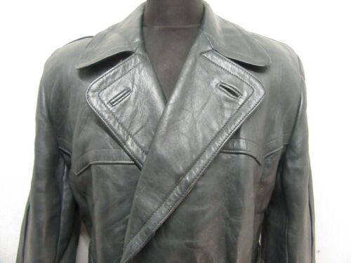 VINTAGE WW2 LEATHER GERMAN GREEN TRENCH COAT JACKET SIZE UK M - Picture 3 of 17