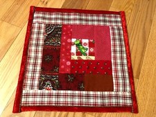 Quilted Table Topper, red, green, velvet trim, tapestry on the back13.5 x 13.5