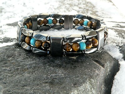 Magnetic Hematite Bracelet Anklet Necklace w Turquoise n Tiger Eye Rounds  row
