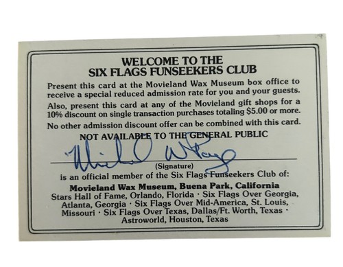 Vintage 1970's Movieland Wax Museum Six Flags Fun Seekers Club Member Card (D8) - Picture 2 of 4