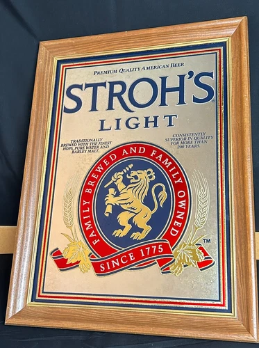 STROH'S LIGHT BEER BAR MIRROR FRANED SIGN ORIGINAL 21”X15” VINTAGE
