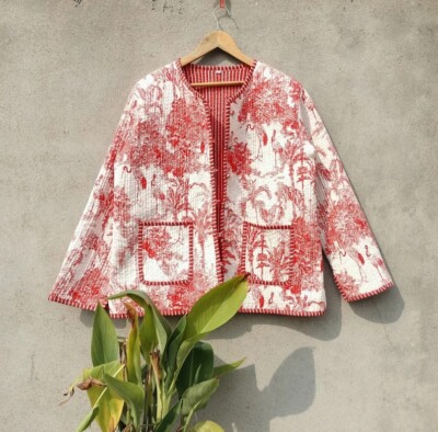 Indisch Rot Tree Blumenmuster Baumwolle Steppjacke Unisex Partykleidung Jacke US