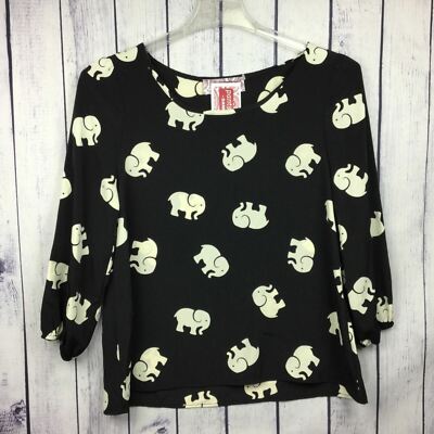 Elephant Print 3/4 Elastic Sleeve Scoop Neck Black Chiffon Blouse Top / Size S