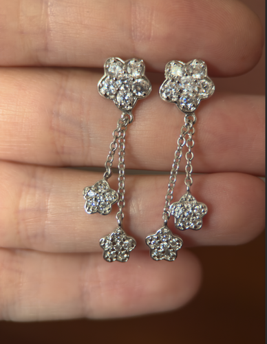 Sterling Silber CZ Blume Ohrhänger, 1,5" Doppelkette Hänger, Push Back