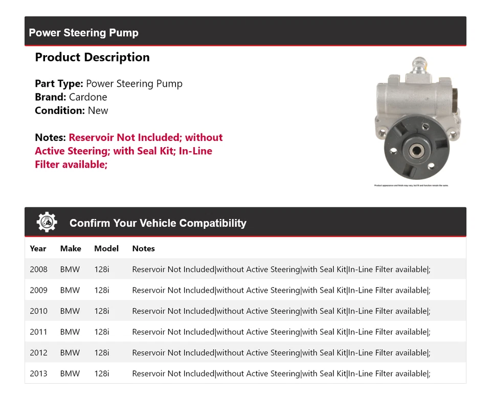 Bomba de dirección asistida Cardone para BMW 128i 2008-2013 2009 2010 2011 2012 Foto 2 de 4