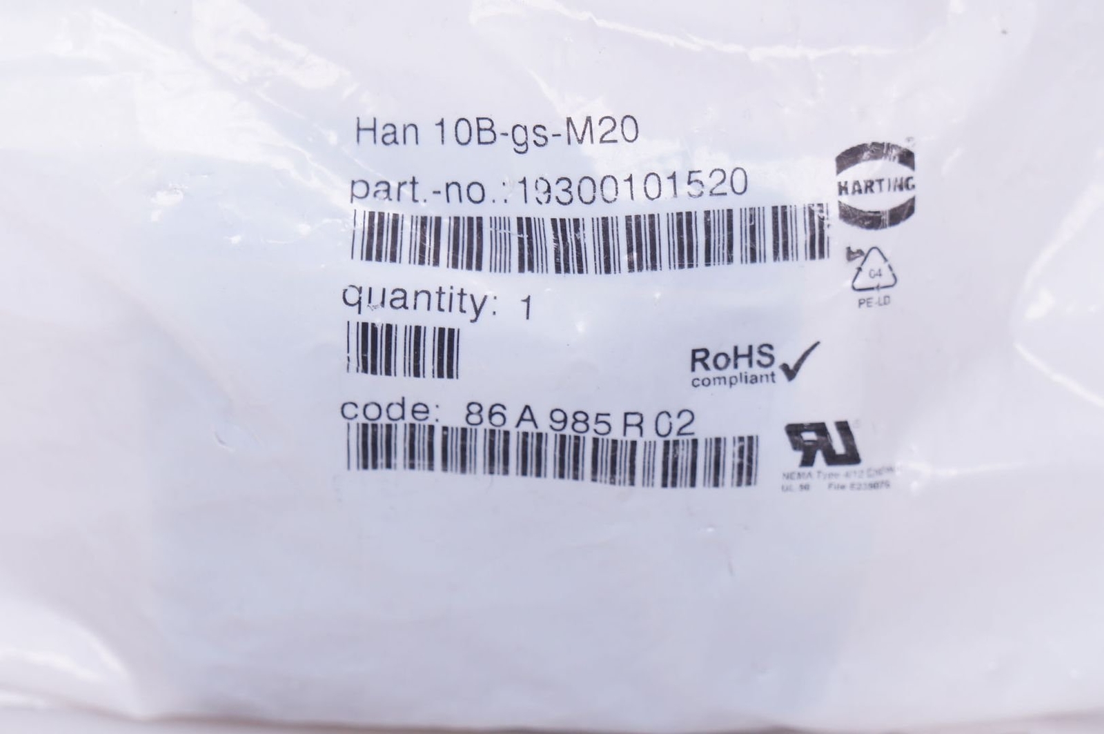 Harting Han 10B-GS-M20 19300101520 Tüllengehäuse Sockel OVP New