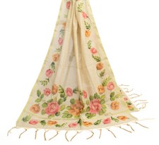 Sushila Vintage Cream Indian Dupatta Blend Cotton Hand Printed Floral Long Stole