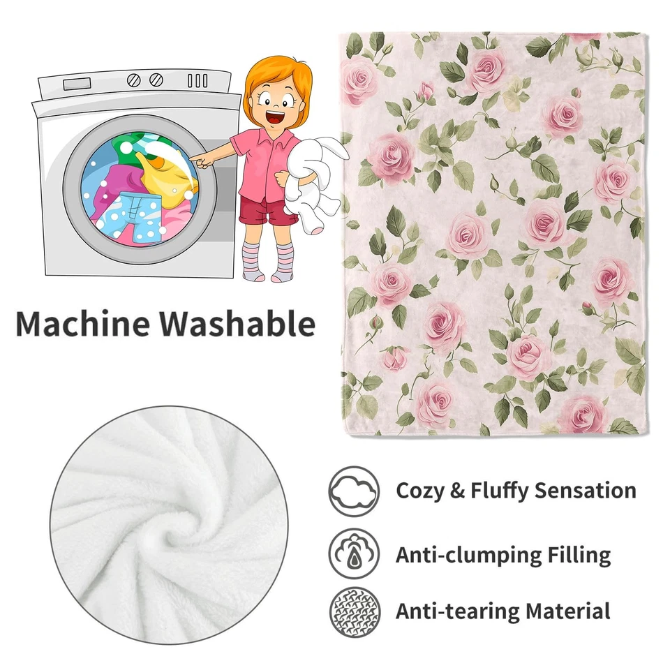 Floral Pink Rose Blanket Flower Throw Blankets with Green Leaves,Birthday Gif... - Image 4 of 4