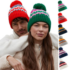 Adults Retro Ski Beanie Fair Isle Pom Pom Hat Fleece Lined Winter Skiing Thick
