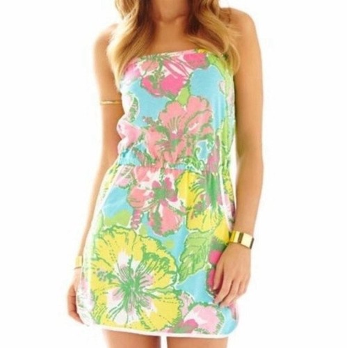 Lilly Pulitzer Lucy Romper Womens S Cotton Blue Pink Yellow Floral Strapless - Picture 14 of 15