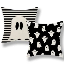Halloween Pillow Covers 18x18 Set of 2 Cute Black Stripes Ghost Decorative Th...