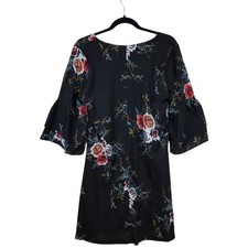 Belongsci Black Floral Shift Dress V-Neck Bell Sleeve Back Zip Women's S
