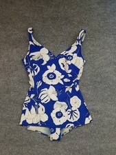 Vintage Robby Len Fashions Women Swimsuit Blue White Floral One Piece USA Made
