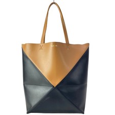 Loewe Puzzle Fold Tote XL Tote Bag Black Light Brown shiny calf