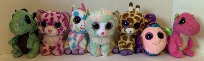 TY Beanie Boos Glitter Eyes 6 Inch Lot Of 7, Unicorn, Cats, Fish, Dragon,Giraffe