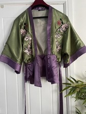 Green/Purple Bird/Floral Belted Wide Sleeve Satin Kimono Jacket Size 12  