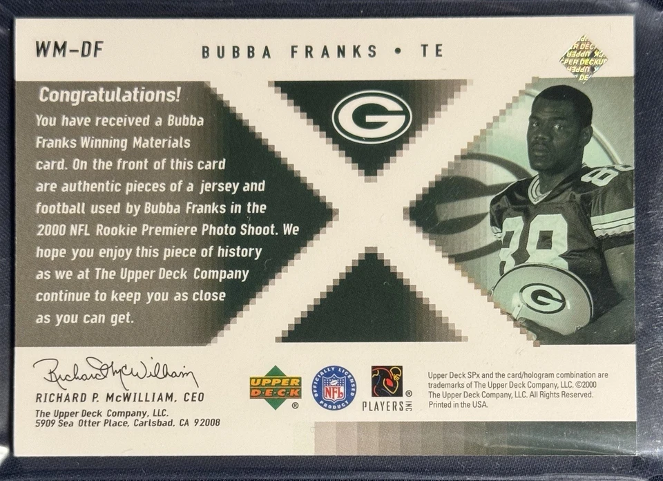 2000 SPx Winning Materials Bubba Franks #WM-DF Rookie RC Green Bay Packers - Image 2 of 2