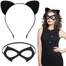 Cat Mask Costume for Woman Black Cat Ears Headband and Masquerade Mask Halloween