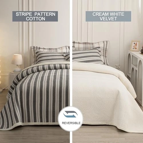 Juego de edredón a rayas de algodón, ultra suave KING/CAL.KING (108"x96") rayas-gris blanco Foto 2 de 4