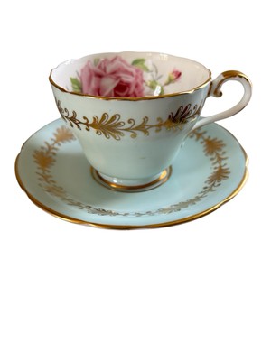 Vintage 1930s Aynsley Teacup and Saucer Set  Blue Gold Fern & Pink Cabbage Rose