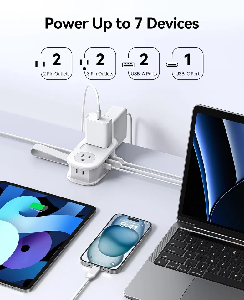 ORICO 20W USB-C PD Travel Power Strip 4 AC Outlets 3 USB Ports 4ft Flat Plug - Image 2 of 4