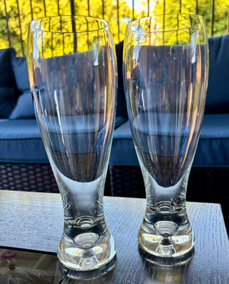6 Krosno Pilsner Beer Glasses with bubble in base, hand blown Crystal  Polish