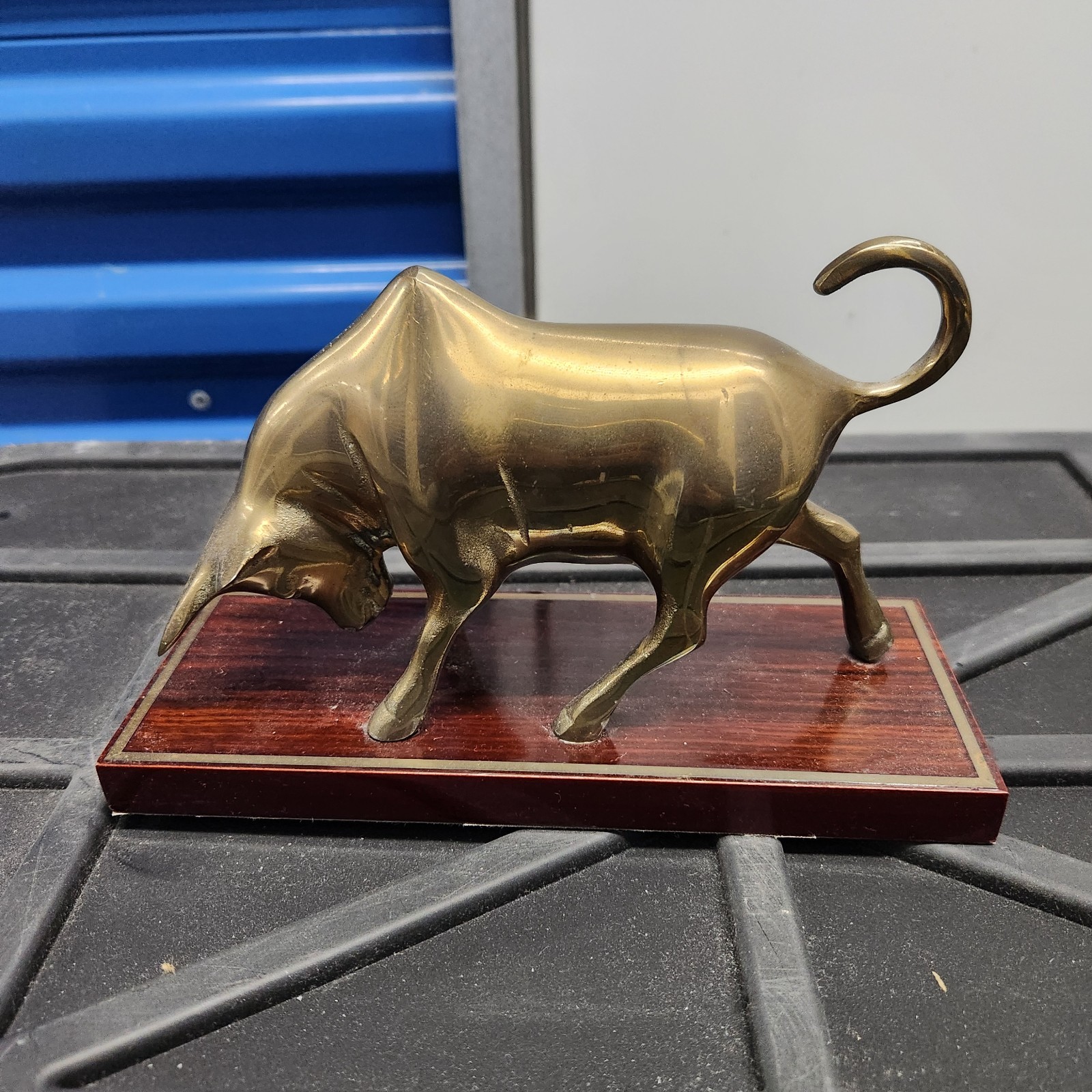 Vintage Brass Charging Bull Statue Figurine Stock Exchange Wood Pedestal