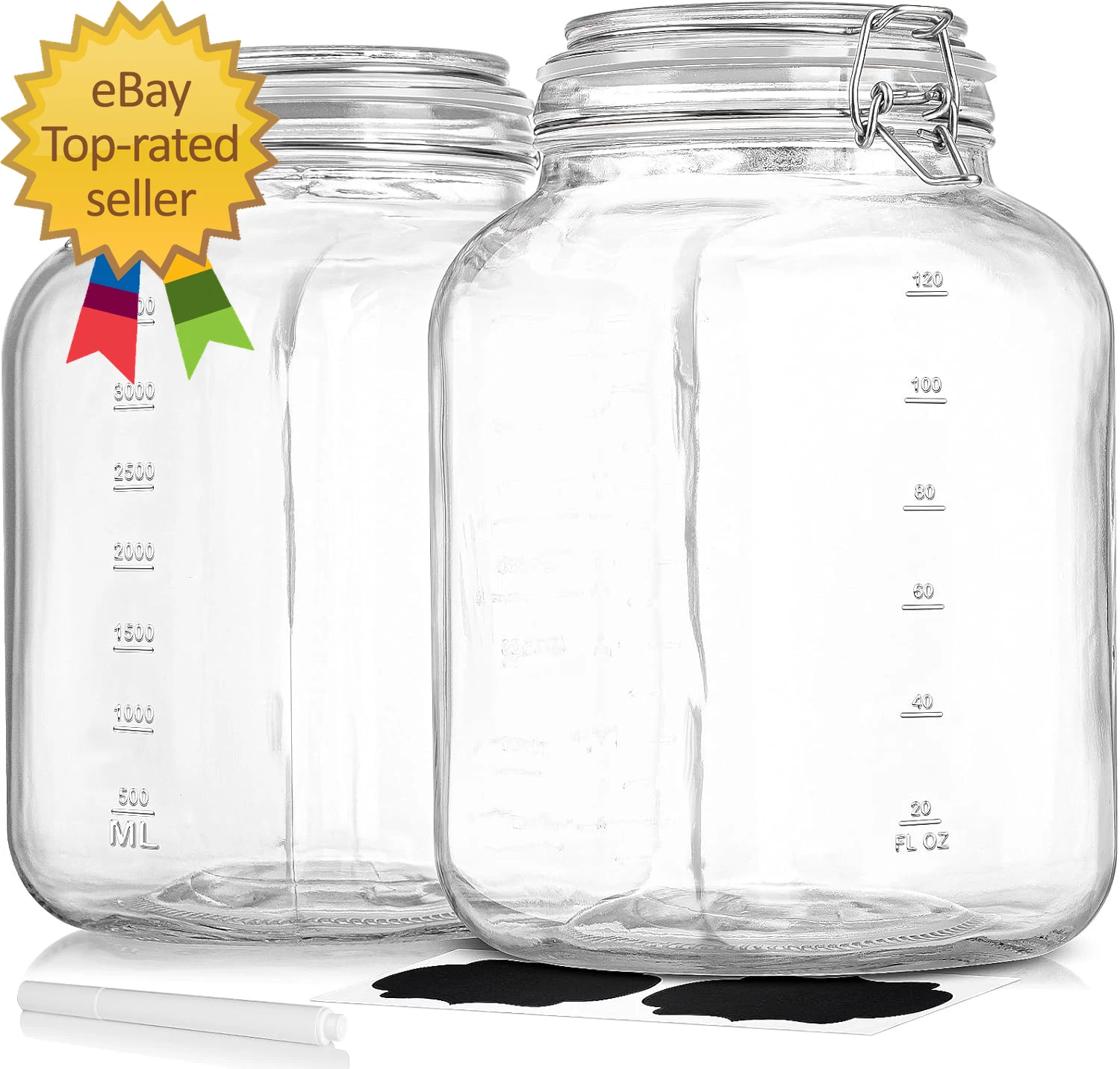 2 Pack 1 Gallon Square Super Wide-Mouth Glass Jars with Airtight Lids Glass Sto