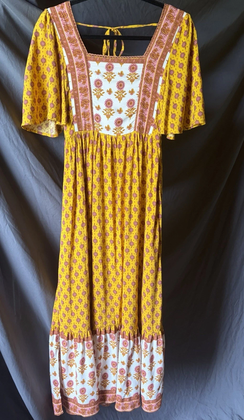 Bohemian Maxi Dress Floral Yellow Cottagecore Flutter Sleeves Pink Summer | S
Opens in a new window