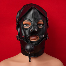 Black Hood Head Mask Mouth Gag Headgear Harness Bondage Blindfold Cosplay BDSM