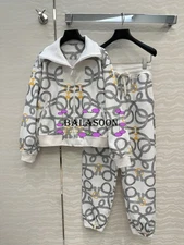 Printed Sports Suit Zipper Jacket+Straight Pants Color Matching Rib Stitching